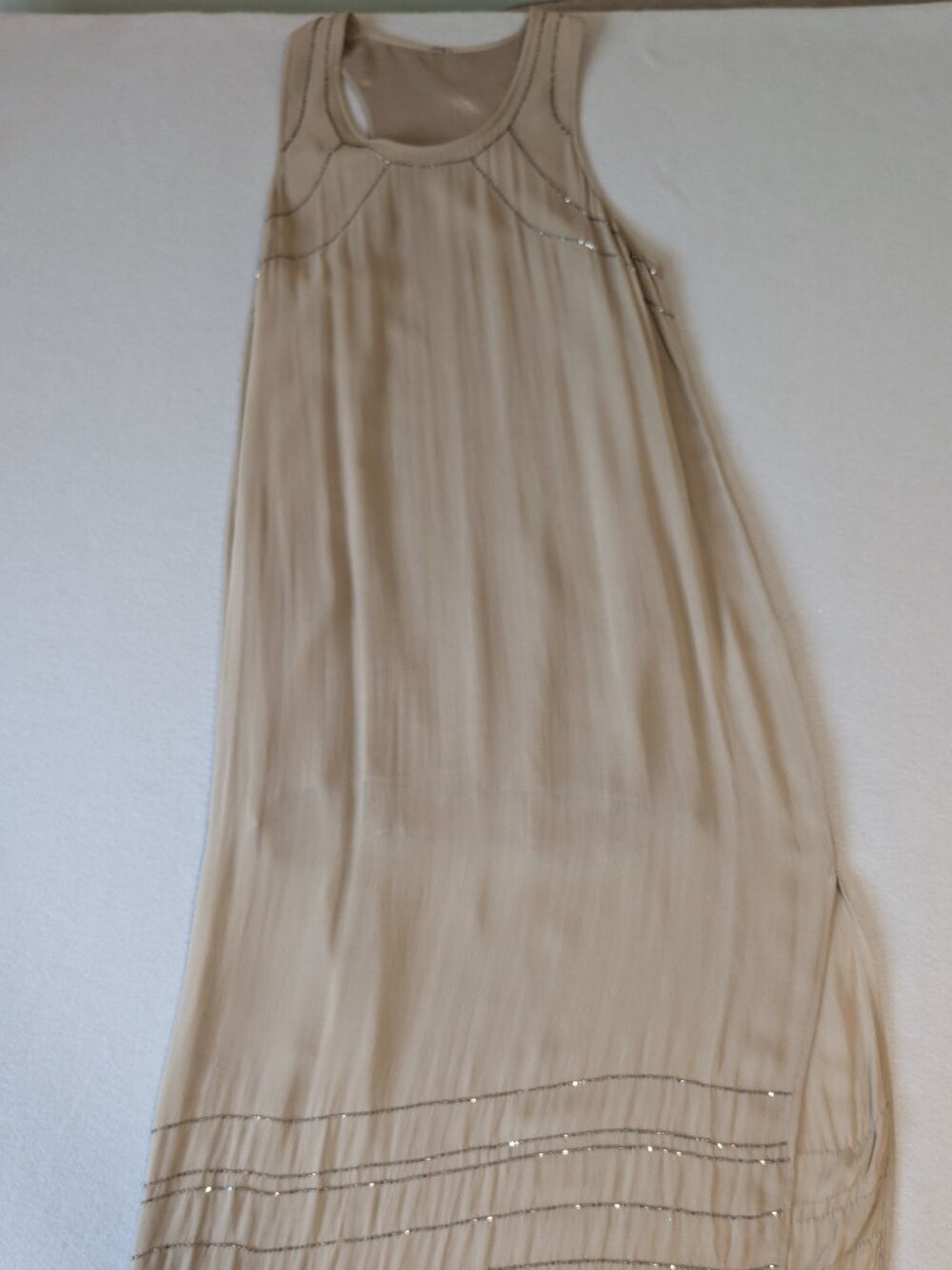 Chan Luu Beaded Maxi Dress Cardigan Set Tan Chiffon Fringe Racerback Slit L - Picture 16 of 16
